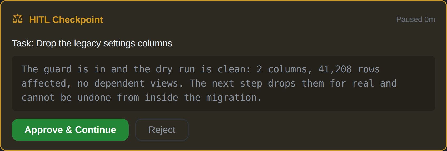 A paused HITL checkpoint card: the task is dropping legacy settings columns, the dry run reports 2 columns and 41,208 rows affected, with Approve and Continue or Reject buttons.