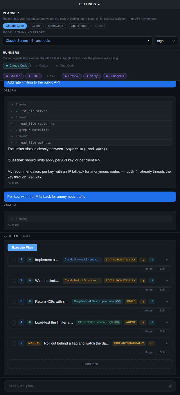 The Ordewell VS Code panel animating through a full loop: research steps settle, the planner asks whether limits apply per API key or per client IP, a five-task plan is committed, execution runs, and a task lands on a green pass verdict.