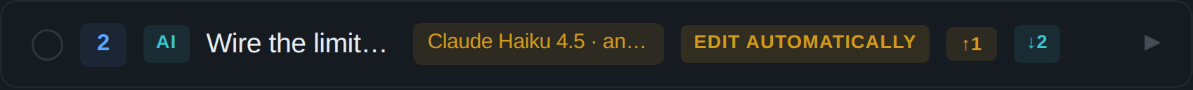 A task row showing its number, an AI badge, the title, a Claude Haiku 4.5 model pill, an EDIT AUTOMATICALLY mode pill, and dependency counts.